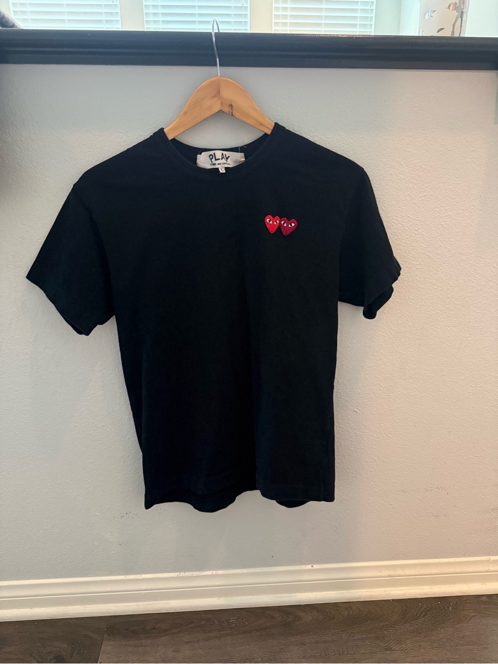 Comme des Garcons Black Tee with Double Red Heart Patch
